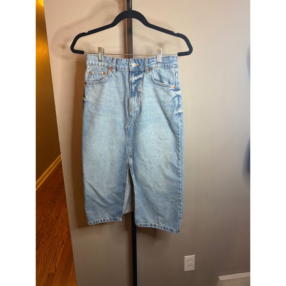 Mango MNG Light Wash Denim Midi Skirt High Waisted Front Slit Blue XS
